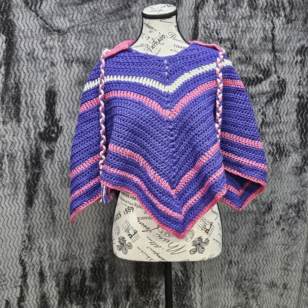 Handmade Artisanal Crochet Poncho Girls‎ One Size Cape Hooded Kidcore Boho Chic